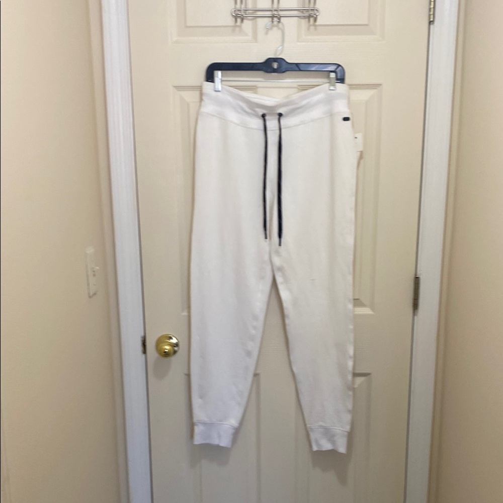 Donna Karan White Track Pants with Tapered Leg and Drawstring Waist